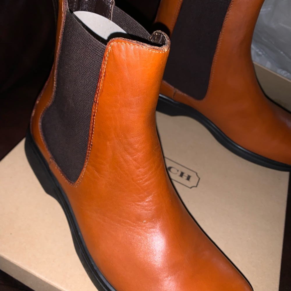 Coach Brown Leather Ankle Booties with Elastic Panels